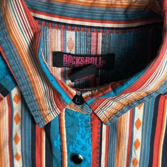 Rock & Roll Cowgirl Orange Striped Western Long Sleeved Button Down Shirt - Picture 4 of 6